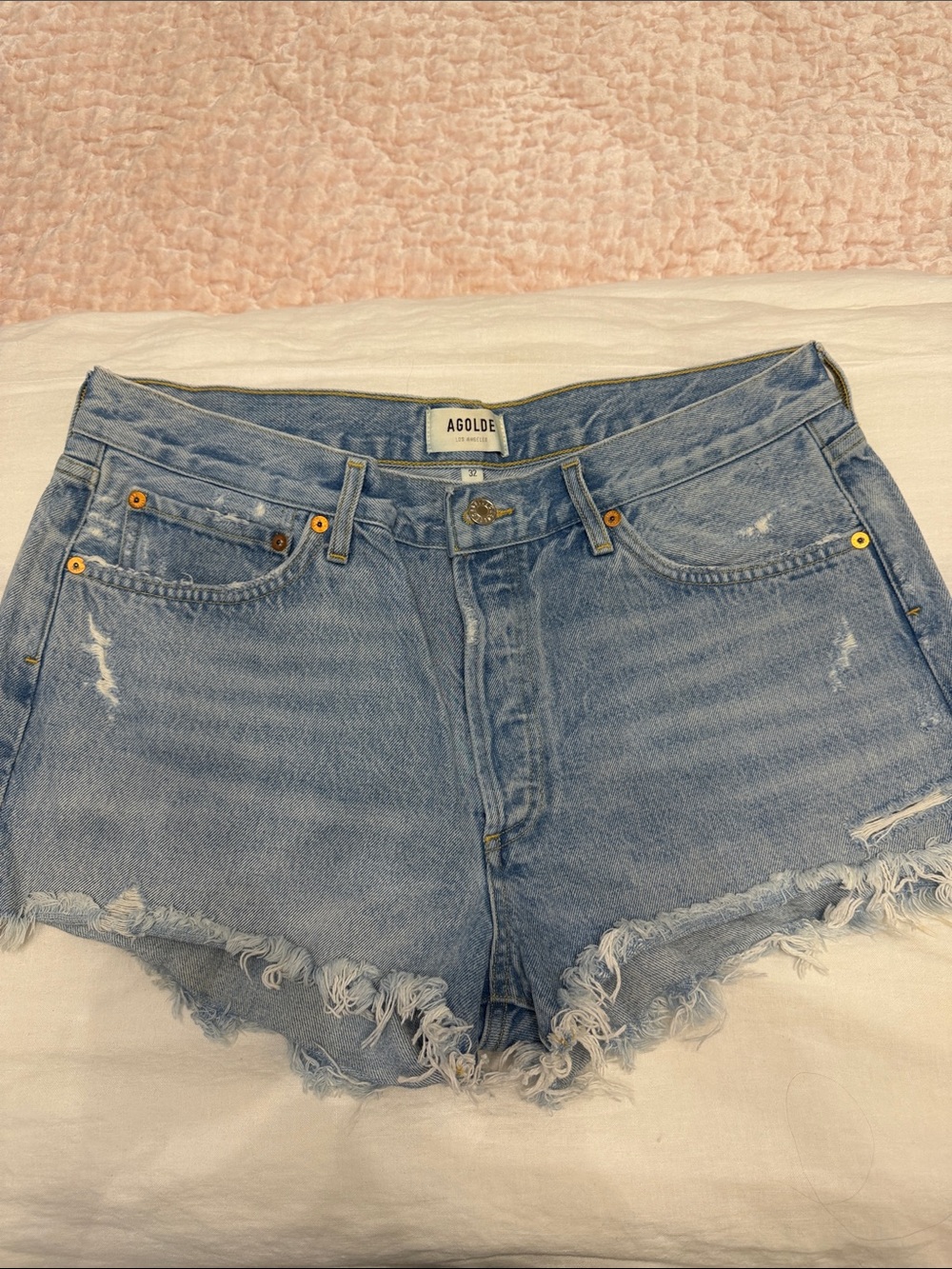 Agolde Light Wash Frayed Hem Denim Shorts